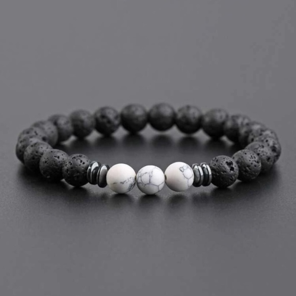 Beaded Bracelet Stretch B&W Stone - Picture 1 of 6
